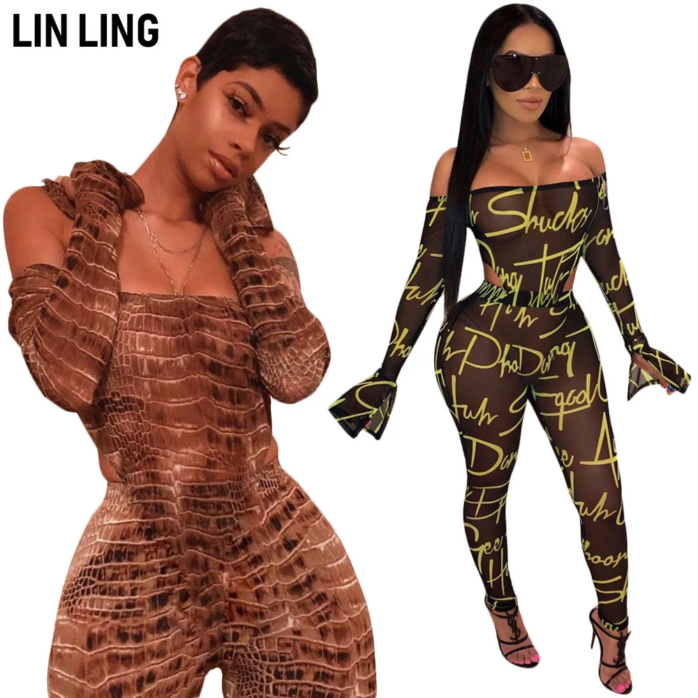 

LINLING Sexy Temperament Hollow Out Bra Print Off Shoulder Flared Sleeve Jumpsuit Fashion Pencil Pants