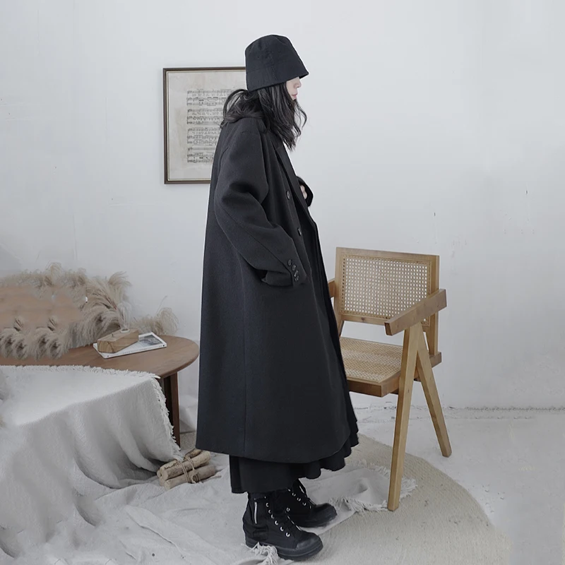 

Vintage Double Black Breasted Big Size Long Woolen Coat Parkas New Long Sleeve Women Fashion Autumn Winter 2021 1DD0332