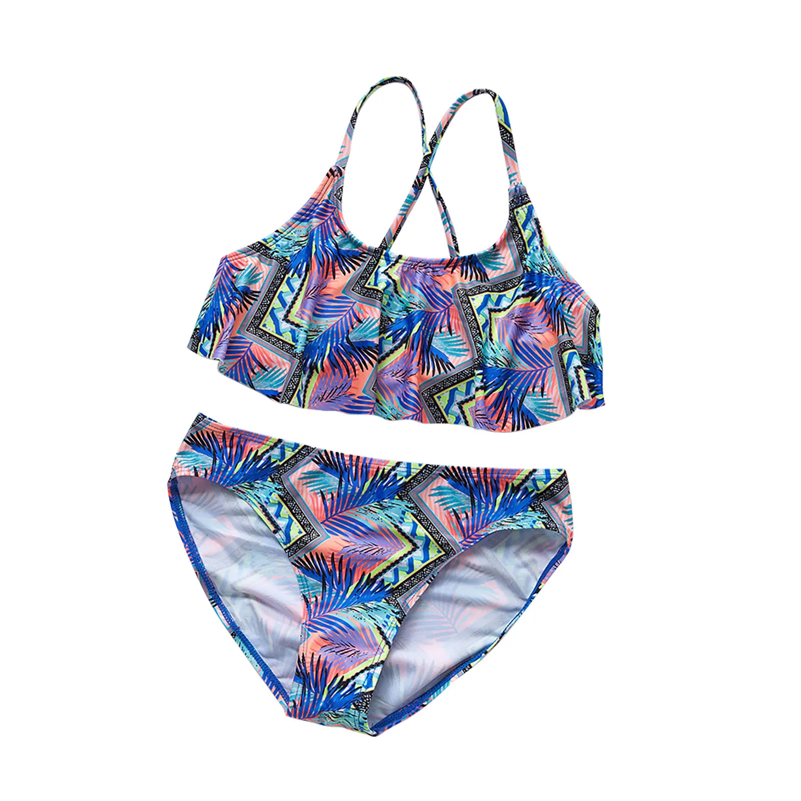 

2021 летний женский Купальник без рукавов с милым принтом листьев, пляжный раздельный Купальник, комплект бикини, наряды для 5-14 лет, Детский # ...