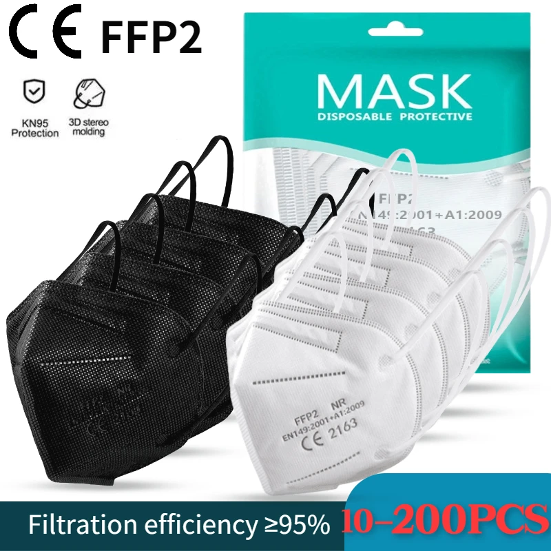 

10-200pcs ffp2mask Black kn95 mascarillas negra Adults 5Layers fpp2 approved kn95 CE Respirator Face Mask ffp2 reutilizable ffp2