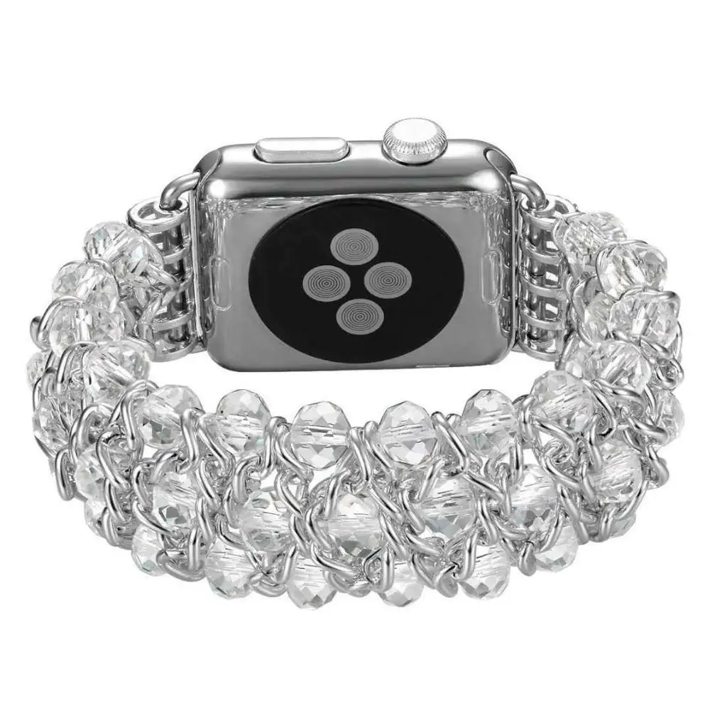 Для Apple Watch, версии 5 40 мм 44 ручной работы с экстрактом граната Форма агатовыми бусами Эластичная лента Часы-браслет для наручных часов iwatch серии 4/3/2 38 мм 42 мм - Цвет ремешка: Серебристо-белый