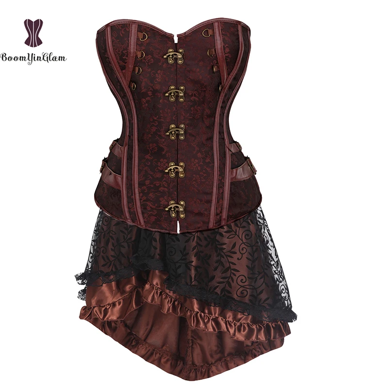 916 brown ith skirt Размера плюс в викторианском стиле асимметричное атласная с рюшами с кружевной отделкой Готический юбки Для женщин корсет Винтаж юбка в стиле стимпанк 937 - Цвет: 916 brown ith skirt