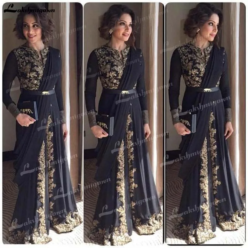 Мусульманское арабское черное шифоновое платье с золотой аппликацией для матери