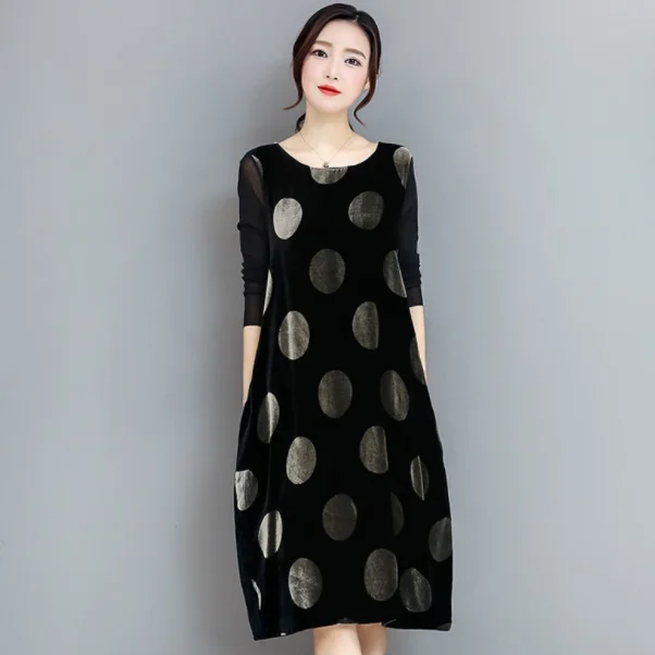 2019 осеннее Свободное платье для женщин хит цвет в горошек бархатные платья дамы