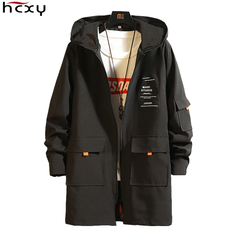 Мужская ветровка с капюшоном HCXY желтая Длинная свободный Тренч 5XL 6XL 2019|Плащи и