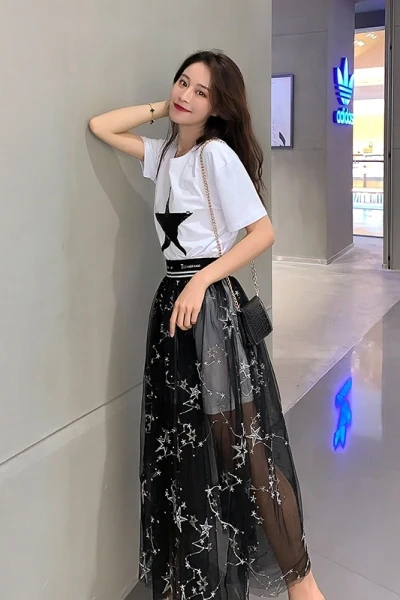 Новинка 2020 весенне летние модные женские комплекты пентаграмма блестки футболка