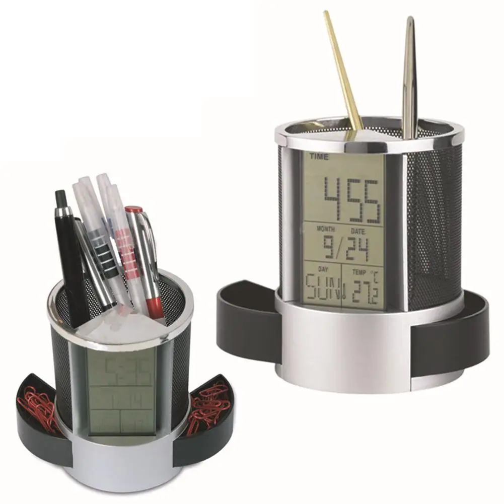 Office LCD Countdown Function Alarm Clock Time Temperature Display Pen Pencil Holder Durable Desk Organizer | Канцтовары для офиса