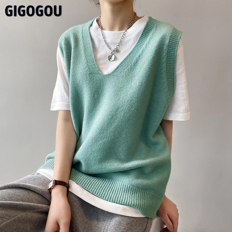 

GIGOGOU Cashmere Women Vest Sweater Fashion Knitted Sweater Female Waistcoat Chic Sweater Tops Women Clothes Outfits