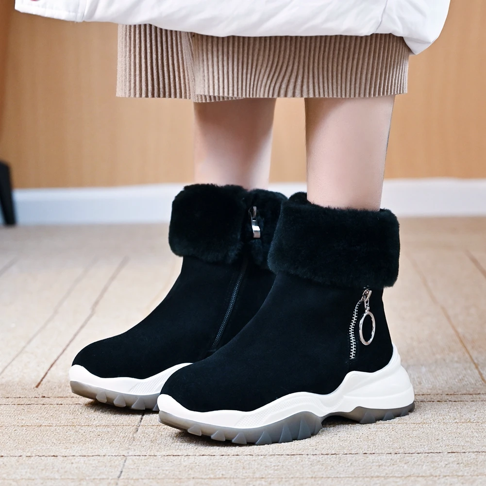 

BONJOMARISA Cow Suede Genuine Leather Round Toe Female Snowboots Wedges Zipper Thick Fur Winter Boots Women Casual Shoes Woman