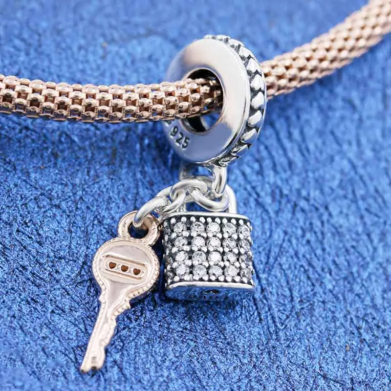 Оригинальная подвеска с замком Pave Lock и ключом Rose Bead, подходящая для браслета из стерлингового серебра 925, европейского стиля, браслета браслета DIY.