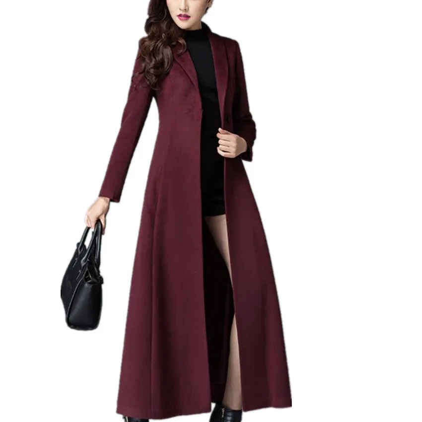 

autumn winter vintage x-long woolen coat women FASHION slim wool blends overcoat 3XL