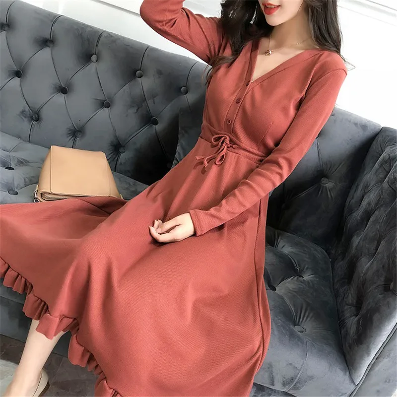 Повседневное однотонное ТРАПЕЦИЕВИДНОЕ женское платье с v-образным вырезом