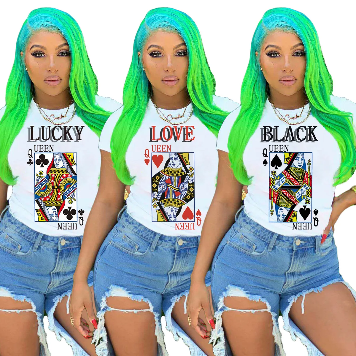 

2020 Summer Women's T-shirt European and American Hot Style Model Letter Black/Love/Lucky Queen Print Casual Fashion