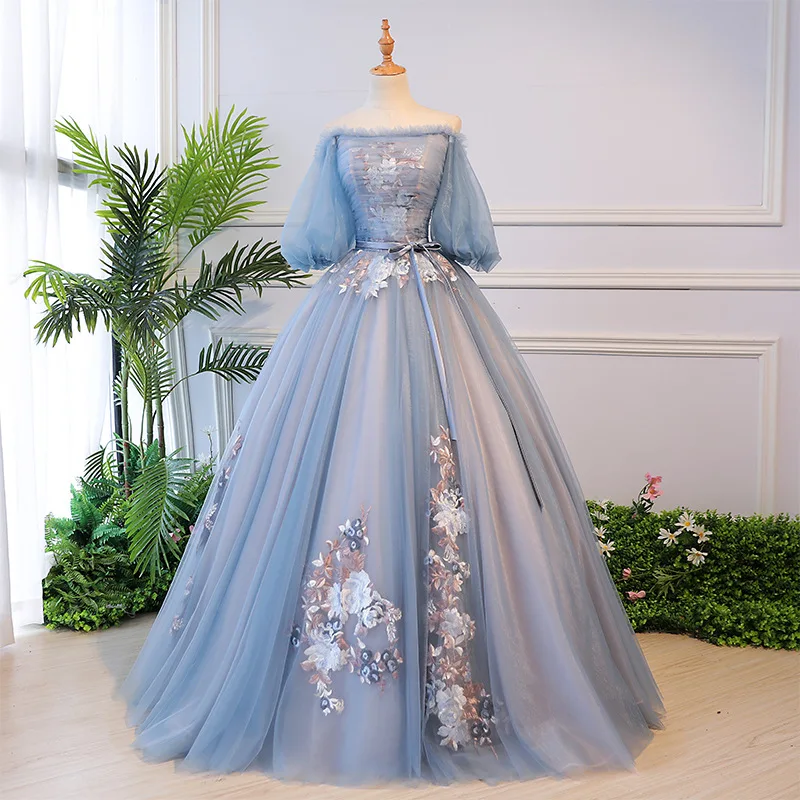 

Mesh Lantern Sleeve Cheongsam Slash Neck Bandage Qipao Flower Appliques Ball Gown Banquet Party Dress Sexy Bowknot Belt Vestidos