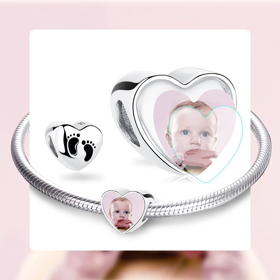 

BELAWANG Personalized Baby Footprint Beads Fit Bracelet 925 Sterling Silver Custom Photo Charm For Women DIY Jewelry Making