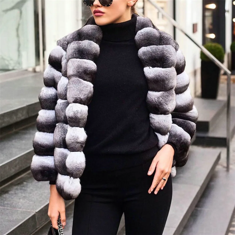 Enlarge High Quality Real Rex Rabbit Fur Jacket with Turn-down Collar New Trendy Women Genuine Rex Rabbit Fur Coat Woman Winter Outwear
