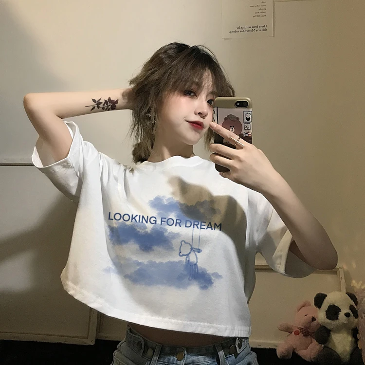 Black Short Female Tees Summer 2021 New High Waist Navel Korean Style Loose Fashion Clothes Sleeve Women T-shirts | Женская одежда