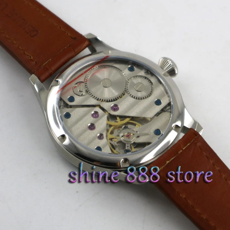 

44mm parnis Blue dial leather brown strap 6497 movement hand winding Mechanical Watches