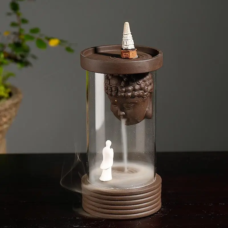 

Retro Handmade Buddhist Incense Burner Windproof Ceramic Backflow Incense Holder Buddha Censer Smoke Waterfall Home Decoration