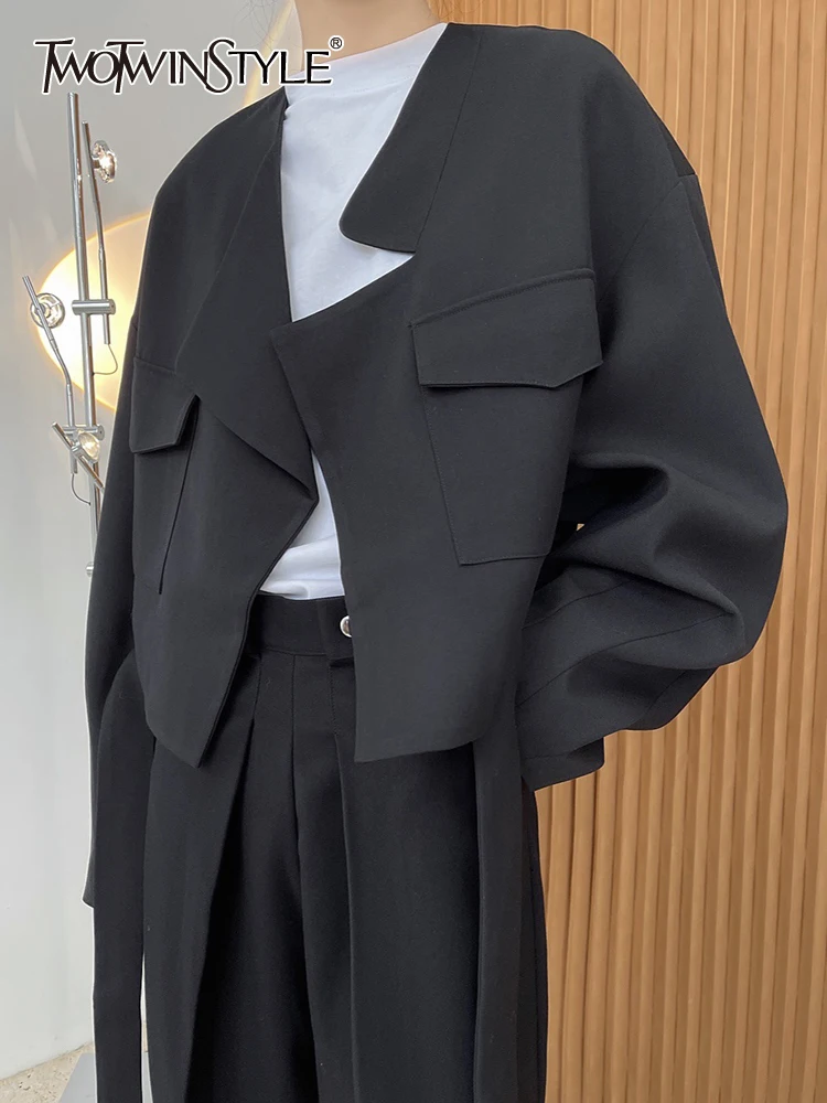 

Twotwin2 стильное корейское модное Свободное пальто для женщин с отворотом и длинным рукавом, однотонное повседневное минималистичное пальто, ...
