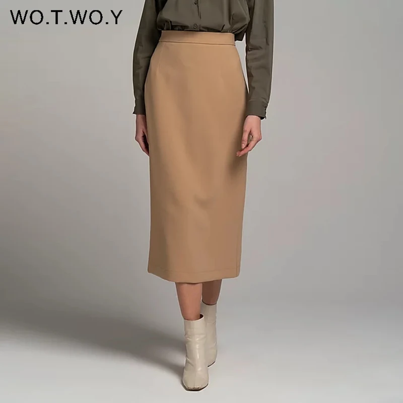 

WOTWOY Elegant High Waist Wrapped Split Skirts Women Solid Pencil Skirt Women Slim Fit Zipper Mid-Calf Skirt Office Lady 2021