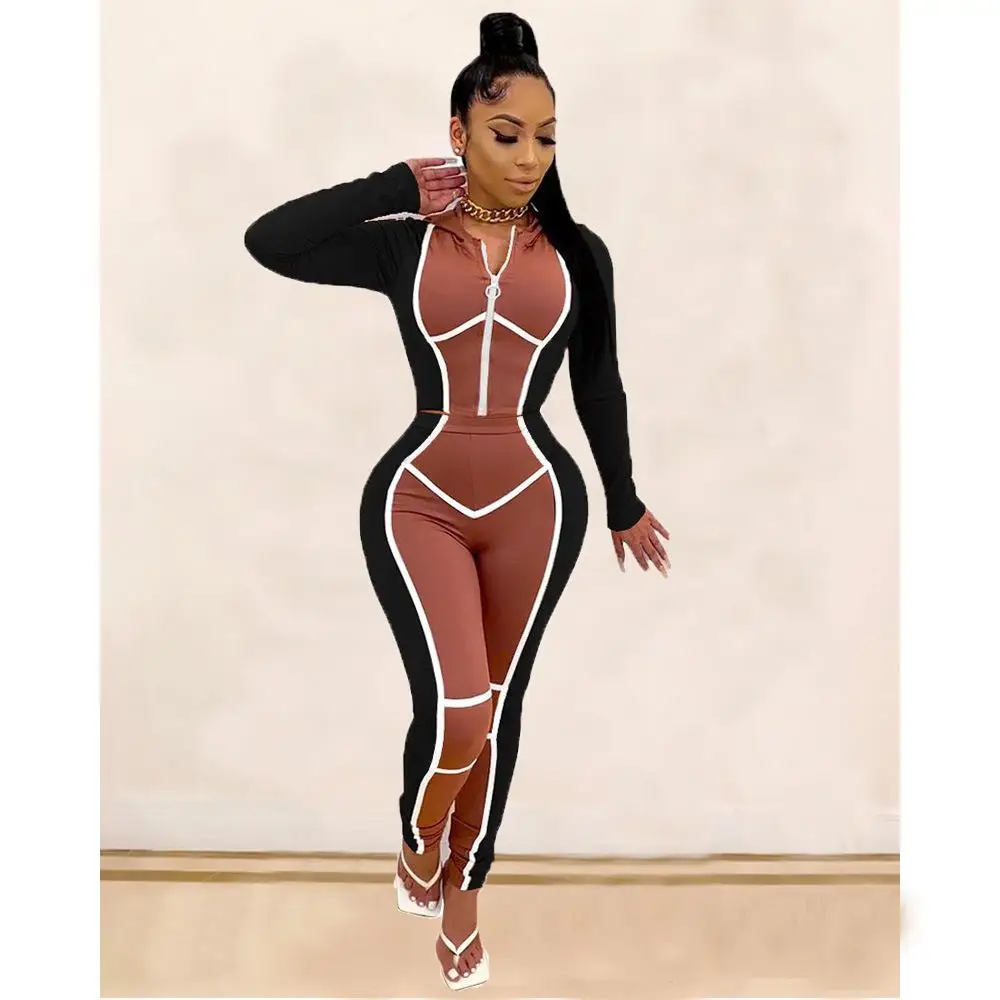 

Color Block Spliced Two Piece Sweat Suits Women's Winter Long Sleeve Long Pants Activewear Sets Hooded Zip Up Outside Tracksuits