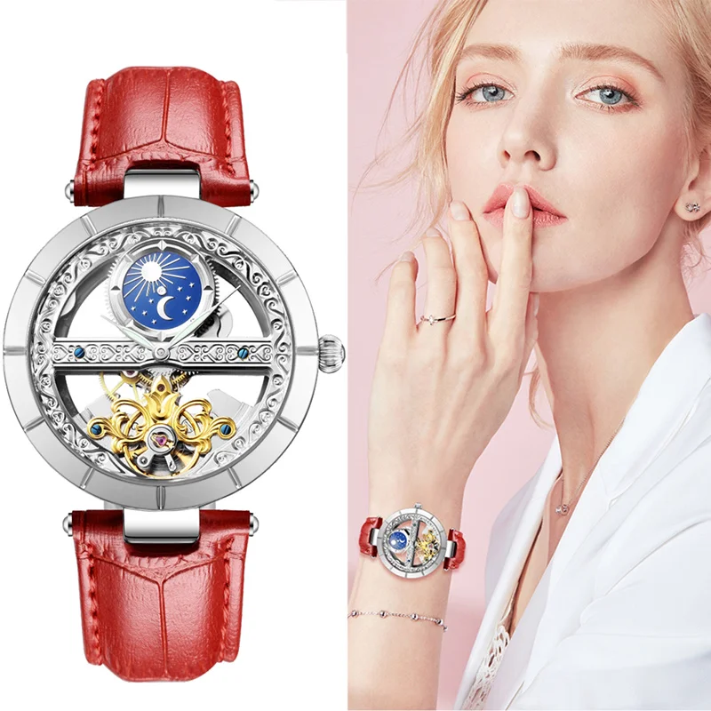 

Mechanical Watch Women Luxury Brand Waterproof Female Clock Moon Phase Tourbillon Automatic WristWatch Women's Bracelet Watches