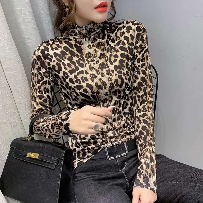 

New 2020 Autumn long sleeve women t-shirt Fashion solid color Turtleneck woman tshirts Elegant slim Hot drilling Mesh shirt