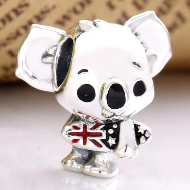 

New 925 Sterling Silver Charm Black Enamel Surfing Koala With Australian Flag Bead Fit Original Bracelet Necklace DIY Jewelry
