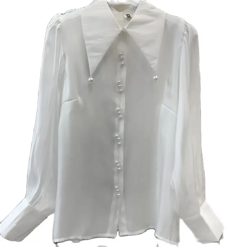 

Cacah Up2021NEW Women's Lapel Collar Long Sleeve Shirt Fashion Simple Design Pure Color Chiffon Shirt Pearl Embellished Top