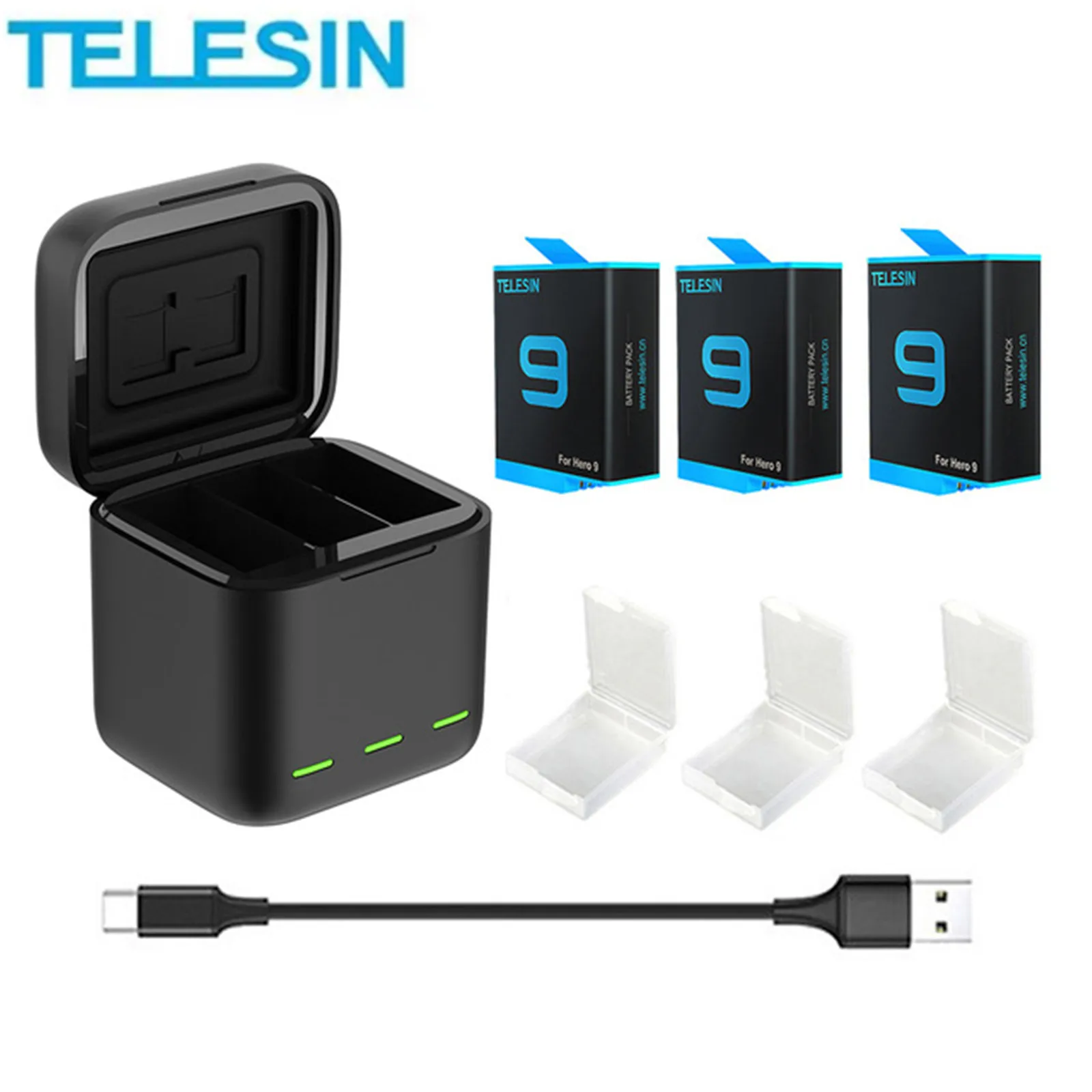 

TELESIN Battery 1750 mAh for GoPro Hero 9 Black 3 Ways LED Light Battery Charger TF Card Storage Charger Camera Accessories
