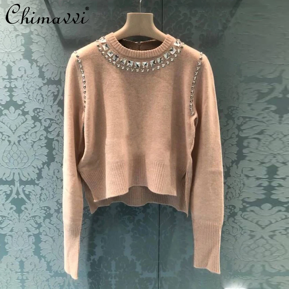 

Осенняя одежда 2021, новинка, изысканный пуловер Стразы с круглым вырезом, женский модный Свободный вязаный свитер с длинным рукавом