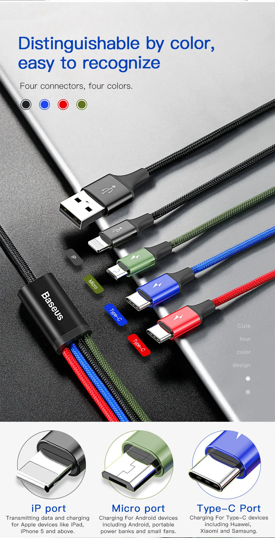 Baseus 3 в 1 USB кабель для iPhone samsung Xiaomi мульти Быстрая зарядка зарядное устройство usb type C type-c Micro USB кабель для мобильного телефона