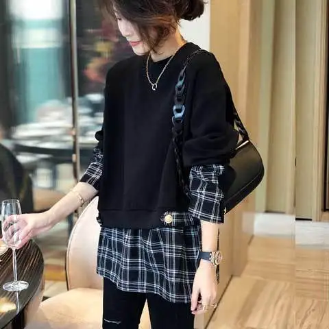 2021 new autumn and winter fake two-piece Plaid splicing Pullover women's medium and long casual top fashion