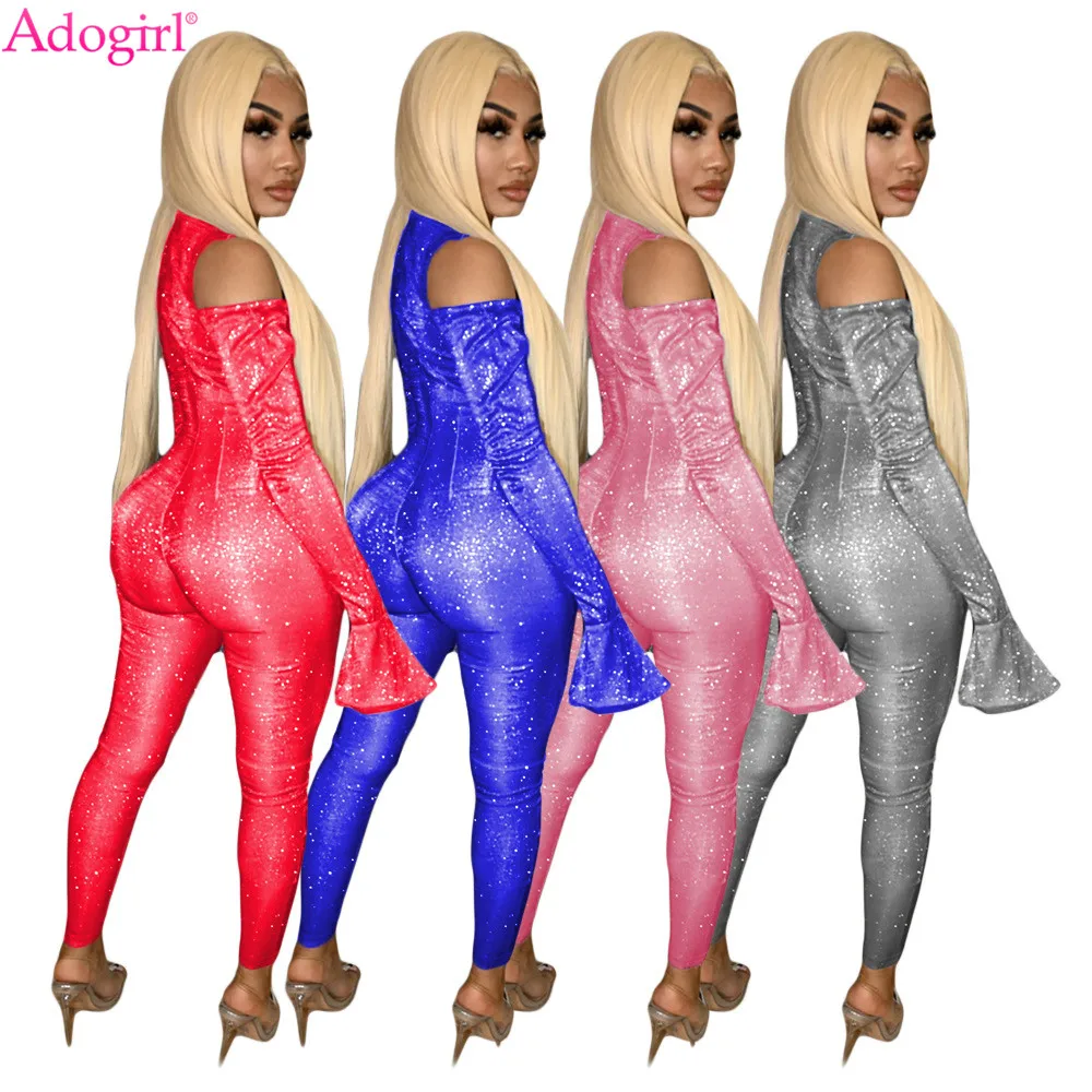 

Adogirl Sexy Sparking Hollow Out Jumpsuit V Neck Long Flare Sleeve Skinny High Elastic Romper Night Club Autumn One Piece