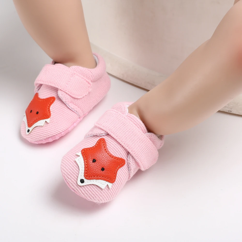Вязаная Обувь для маленьких девочек с изображением лисы; милая обувь для новорожденных с рисунком животных; хлопковая обувь с мягкой подошвой для первых шагов; обувь для мальчиков от 0 до 18 месяцев