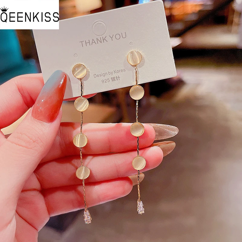 

QEENKISS EG7589 Fine Jewelry Wholesale Woman Birthday Wedding Gift Long Opal Tassel 925 Sterling Silver Needle Stud Earrings