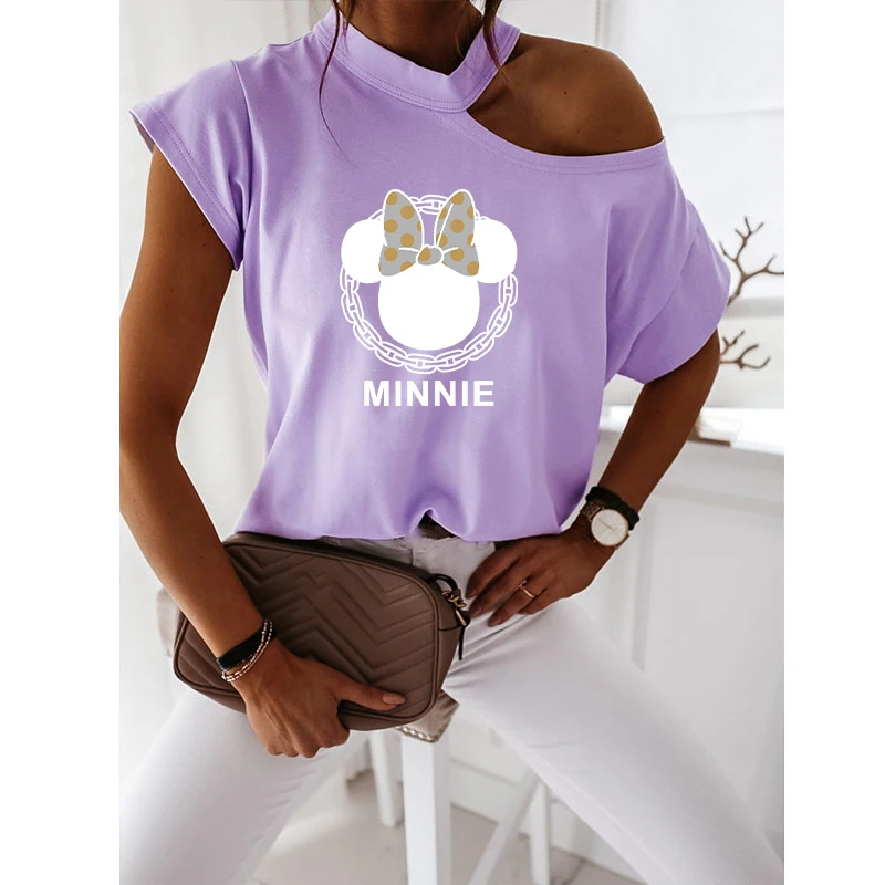 

Disney Woman Sexy Tshirts Tops Minnie Casual T Shirt Summer Off Shoulder Kawaii Short Sleeve Halter Purple Tee Shirts Robes 2021