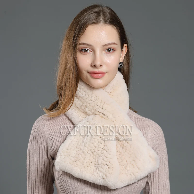 CX-S-33A Women Real Fur Handmade Scarf Knit Genuine Rex Rabbit Girls Natural Scarves Winter | Wraps