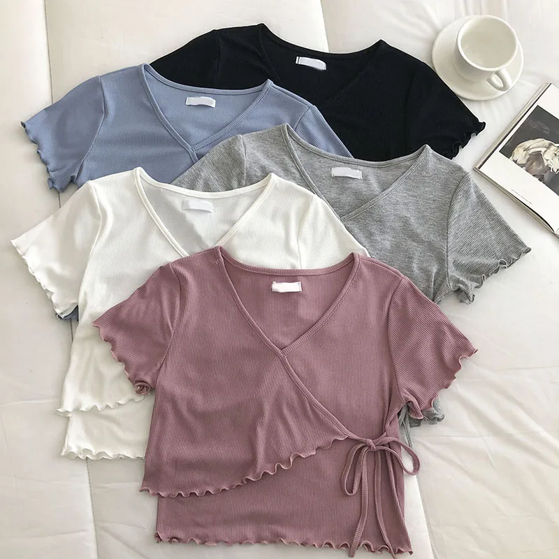 

Abrini Women Plain Knitted T-shirt Female V-neck Short Sleeve Top Chic Tees 2021 Summer Beach Style Draw String Asymmetrical Top