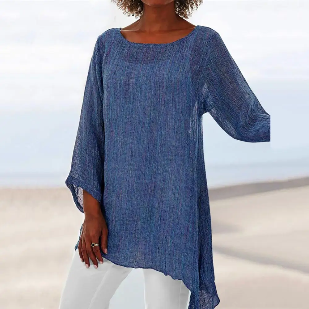 

Plus Size 5xl Women T-shirts Casual Plus Size Solid Color Linen O-Neck Long Sleeve Irregular Tunic Tops For Women Clothing Top