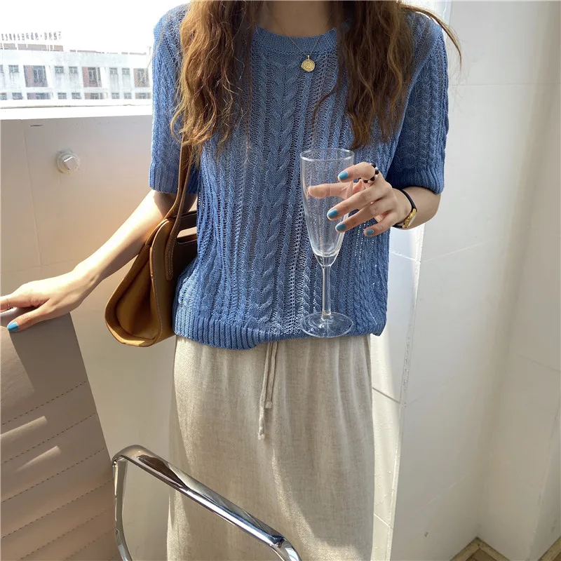 

Round Neck Short-sleeved Sweater Women's Summer 2021 New Korean Version Loose and Thin All-match Casual Short Top