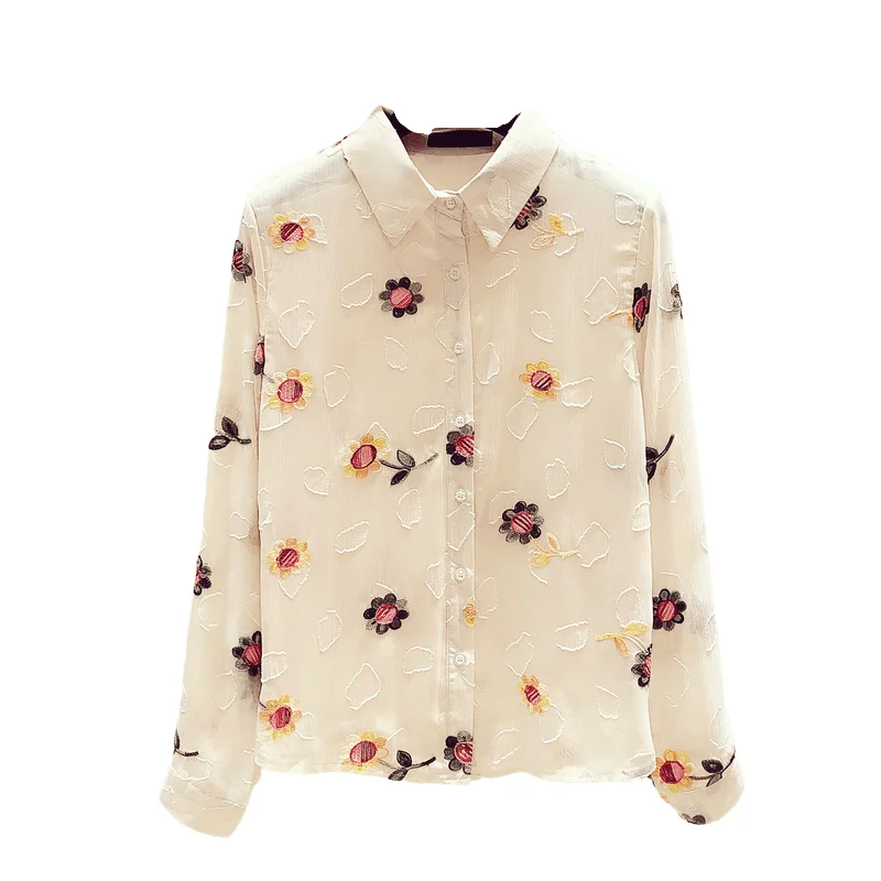 

Spring Summer Embroidery Shirts Women Long-Sleeved Temperament Flower Tops and Blouses S-2XL