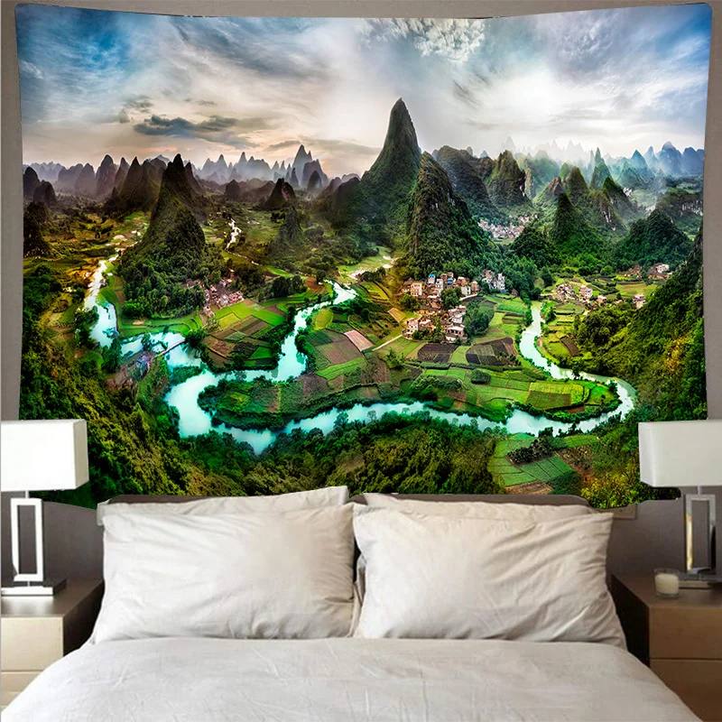 Горный скручивающийся лес озеро пейзаж недорогой гобелен искусство