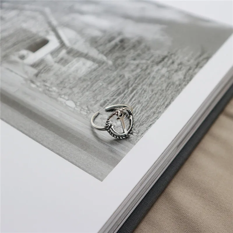 

POFUNUO Real 925 Sterling Silver Vintage Pirate ship's anchor Design Rings For Women Retro Distressed Hollow Fashion Niche Rings