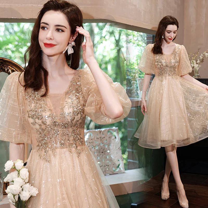 

Golden Puff Sleeve Short Lace Diamond Birthday Party Banquet Annual Meeting Performance Dress Plus Size Bridesmaid Dress