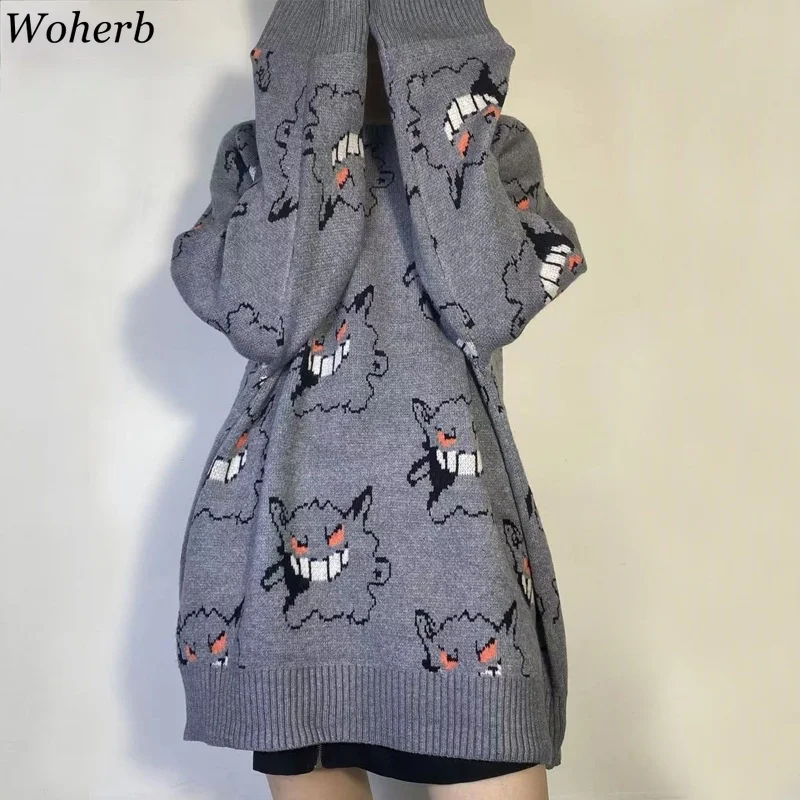 Woherb Anime Sweater Women Harajuku Pattern Pullover Loose Korean Style Autumn Winter Warm Knitted Jumper Woman Sweaters | Женская