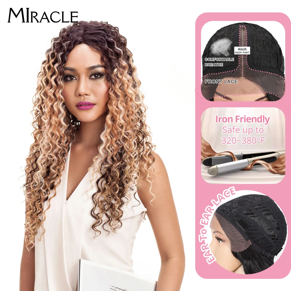 

Miracle 30 Inches Synthetic Curly Wigs For Black Women Ombre Blonde Brown Colors Long Afro Kinky Curly Hair Middle Part Lace Wig
