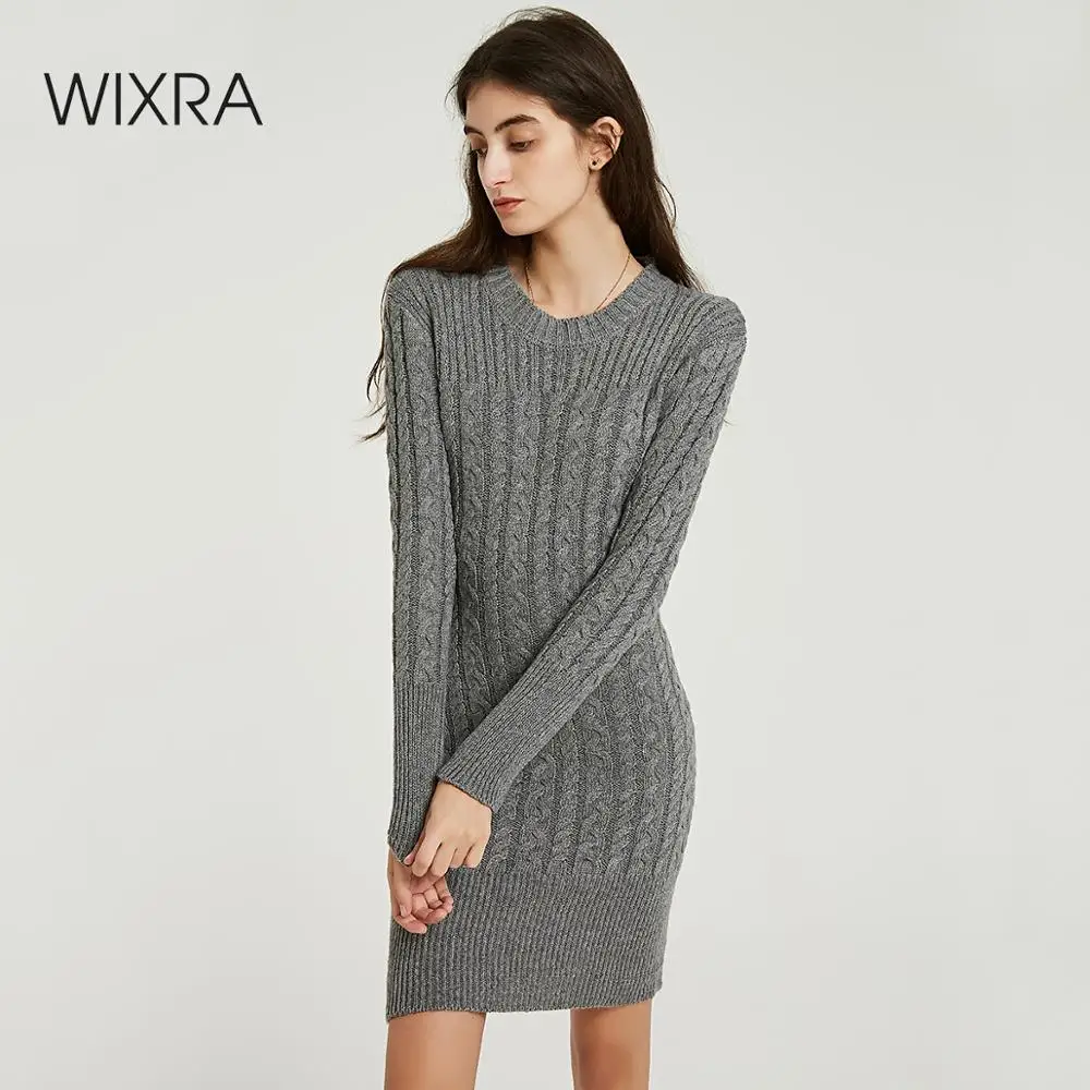 Wixra Трикотажное платье 2019 Осень зима сплошного цвета с длинным рукавом длинными