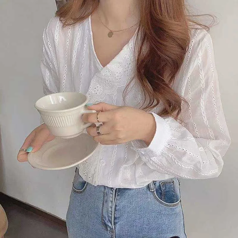 2021 Korean Style Solid Cotton Simple Womens Tops and Blouses Sweet Ruffled V-neck Long Sleeve Shirt Women White 8561 |